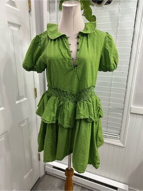 Urban Outfitters Lime and Dark Green Gingham Ruffle Dress